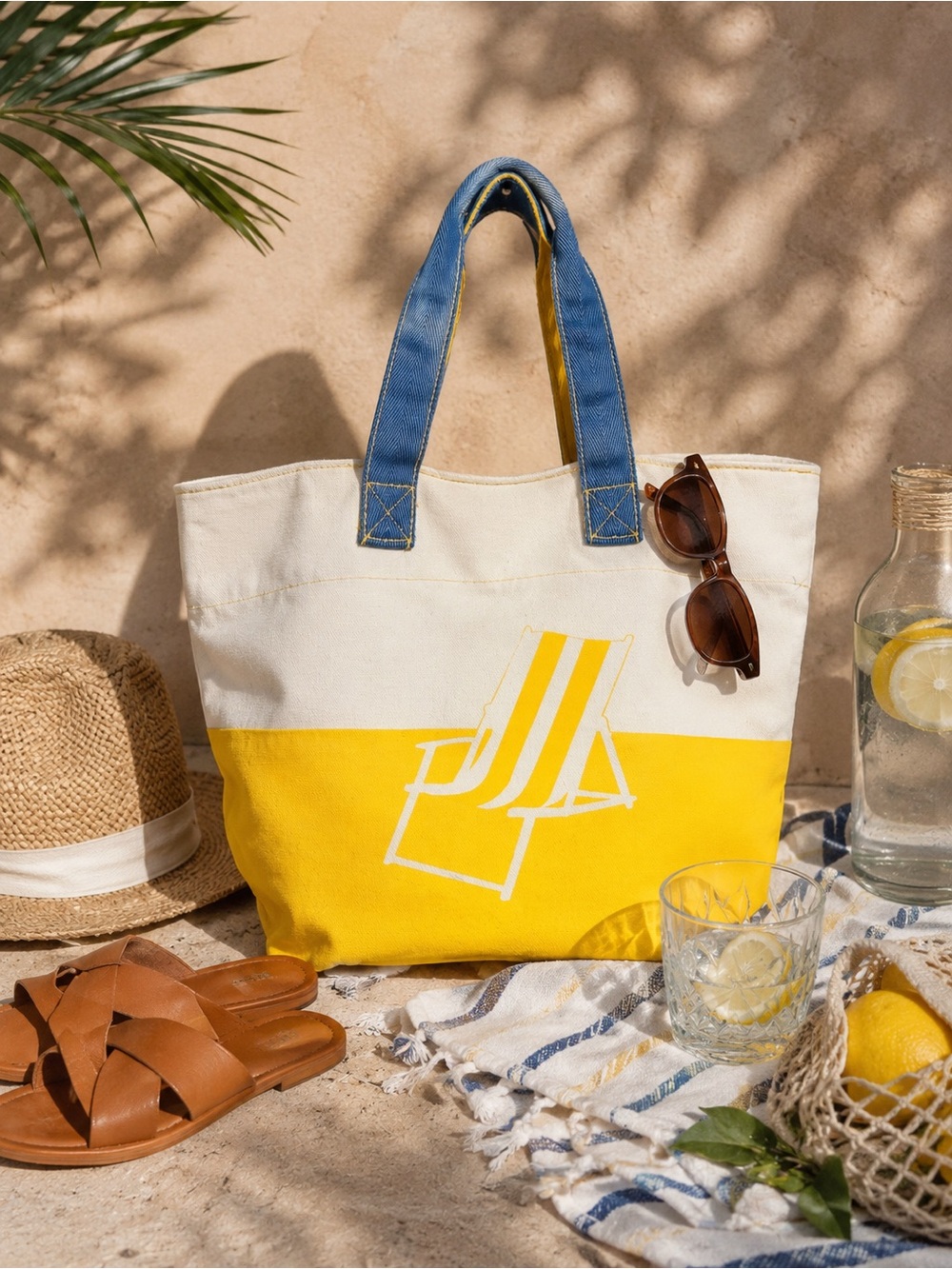 Barnes & Noble Vintage Cotton Tote | Yellow Beach Chair Umbrella Print Book Bag